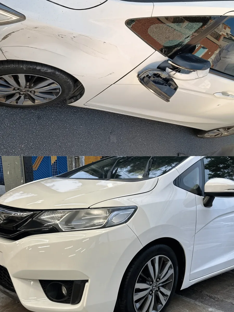 Antes e depois de carro branco com amassado no para-lama, reparado na Fenix Funilaria em Diadema