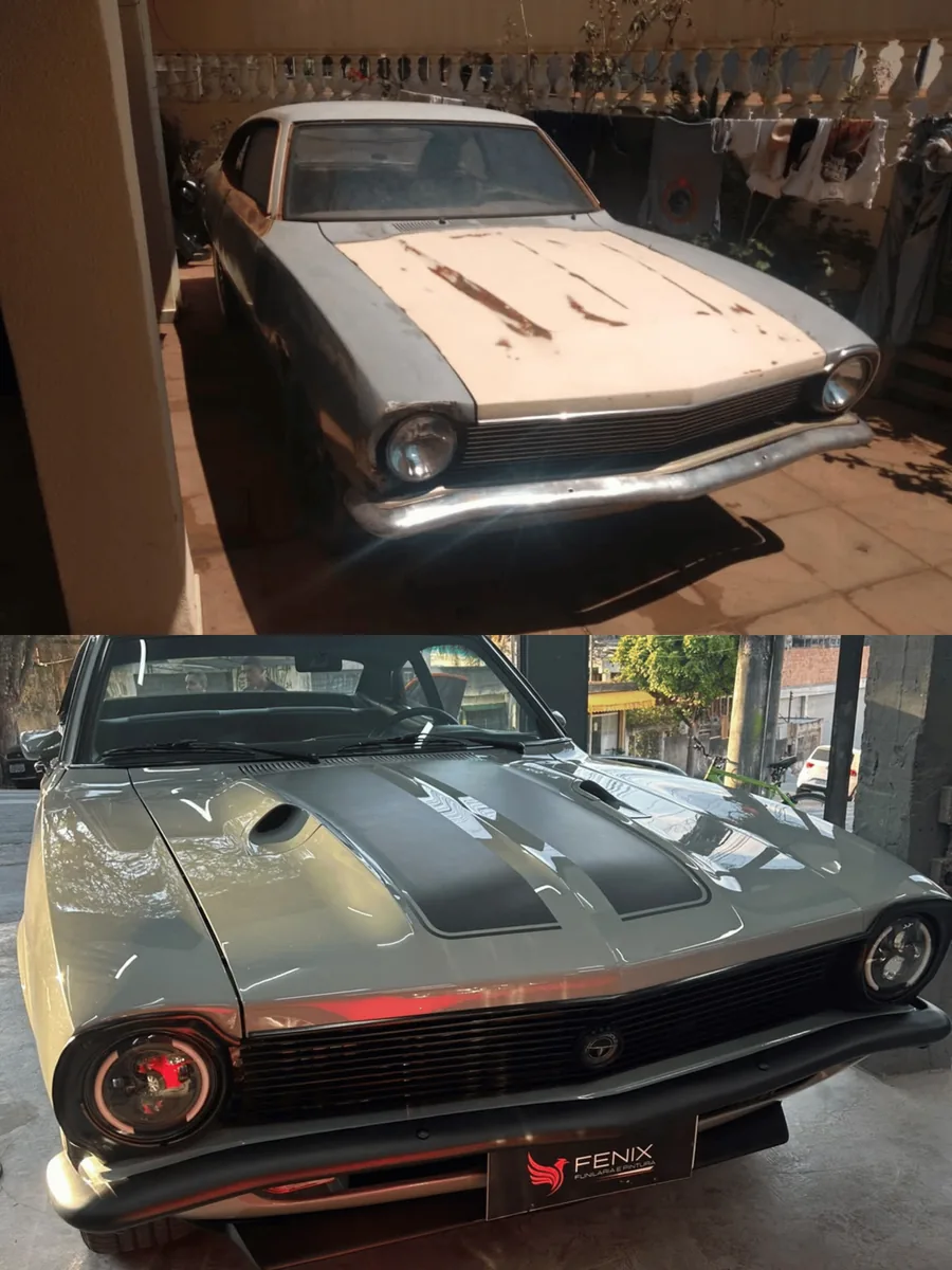 Antes e depois de carro clássico restaurado, da lataria preparada ao acabamento prata na Fenix Funilaria em Diadema