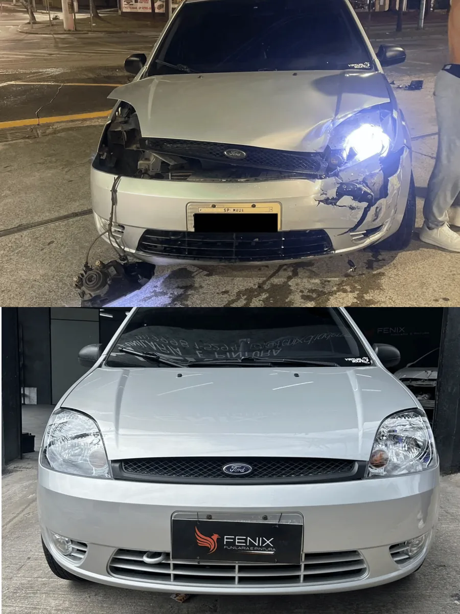 Antes e depois da frente batida de um Ford Ka, recuperada na Fenix Funilaria e Pintura em Diadema